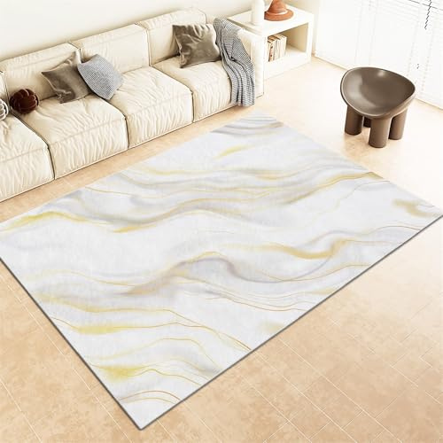 Waschbar Home Teppich Wohnzimmer Schlafzimmer Weiß Gold Marmor Teppich für Esszimmer Kurzflor rutschfest TeppichFlauschig Weich Weiß Rechteck Moderne Deko Teppiche, Grösse:80x150cm