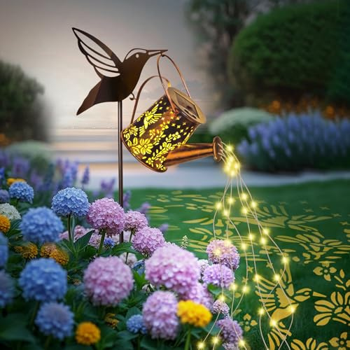 twoonto Solar Lights Garden Decorations, LED Watering Can Light | Waterproof Light with Hummingbird Bracket, Warm White Solar String Lights for Garden Patio Yard Pathway