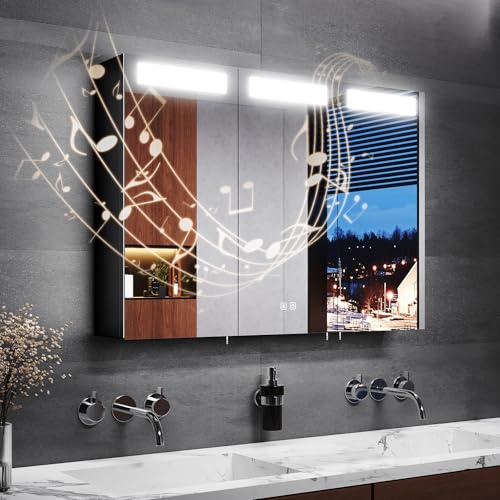LOMIKEN Schwarzer Spiegelschrank mit Beleuchtung,90 x 65 x 13 cm,Bluetooth | LOMIKEN Spiegelschrank Bad Mit Steckdosenleiste, Entfogging-Funktion,Touchschalter,Dimmbar 3000K/4000K/6000K, IP44 Schutz
