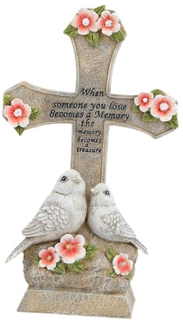 Fenteer Scultura a Croce con Inseparabili Figurina Decorativa a Luce Solare Realizzata in Resina Impermeabile Adatta a Giardino Cimitero E Tombe 14.1x8.1x24.