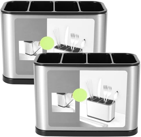 Stainless Steel Kitchen Cutlery Holder 4 Cells Large Capacity Cooking Flatware Utensil Holder for Knives Forks Organize Silver Tableware Storage for Countertop Dinner Table 18x13x8.6cm(Silver x2)