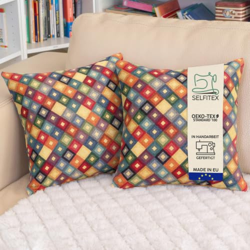 Selfitex 2er Set 40x40 Bunte Sofakissen inkl. Füllkissen, Luxus Sofakissen, farbenfrohes Couchkissen Set, hochwertiger Couchkissen Muster Bezug mit Reißverschluss, Bunte Kissen Deko (Diamond)