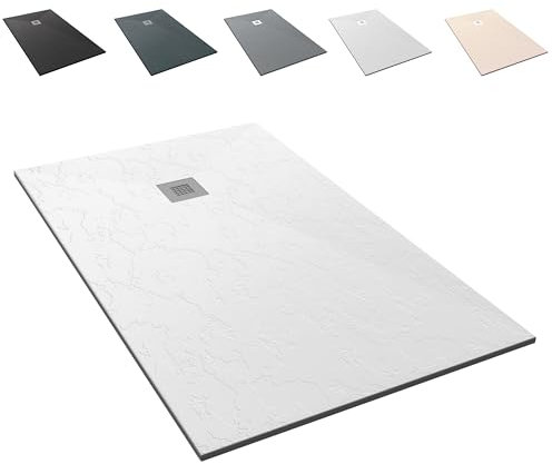 NEBADOON | Plato de Ducha de Modelo Roma – Plato Ducha Resina con Textura Pizarra y capa de Gel Coat – Antideslizante y Resistente – Blanco (RAL 9003) 70x70 cm – Incluye Válvula Desagüe y Rejilla