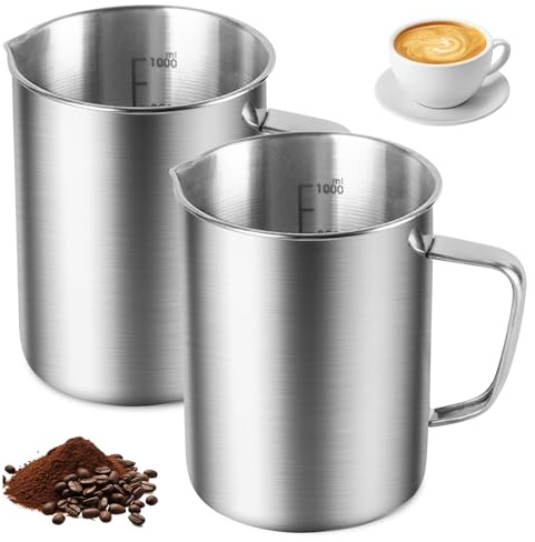 Messbecher Edelstahl 1L, 2 Stück Messbecher, Robuster Edelstahl mit Feinskala und Griff, Lebensmittelechtes Milchkännchen für Küche, Bar, Café, Spülmaschinengeeignet