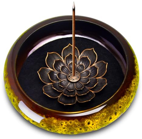 Räucherstäbchenhalter mit Abnehmbarer Lotus Design Räuchergefäß für Yoga | Leicht Zu Reinigen Räucherstäbchen Halter für Meditations-Keramik Räucherschale für Räucherstäbchen Kegel Spiralen-Gelb