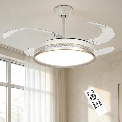 107CM Retratable Ceiling Fan with Lights & Remote, 6 Speed DC Reversible Full Copper Motor, Continous Dimmable LED Ceiling Lights, Retractable Blades, for Living Room, Bedroom, Kitchen (White-C)