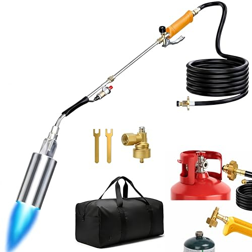 Propane Torch Weed Burner with Storage Bag, 1,800,000 BTU Heavy Duty Flame Control Blow Torch with 12.5FT Hose, Flame Thrower Gun with Long/Short Mode for Garden Weed, Roof Asphalt Work, Ice Melting