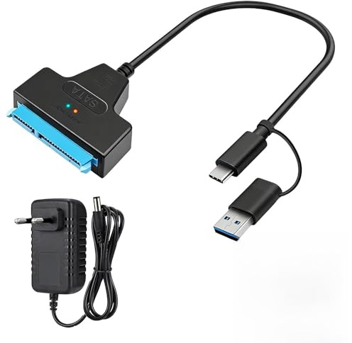 Adaptador USB 3.0 a SATA III para Discos Duros SSD/HDD 2,5 y 3,5, Cable de Transferencia de Datos para Discos Internos y Externos, Incluye Alimentación 12V, Compatible pour Windows, Mac, Linux