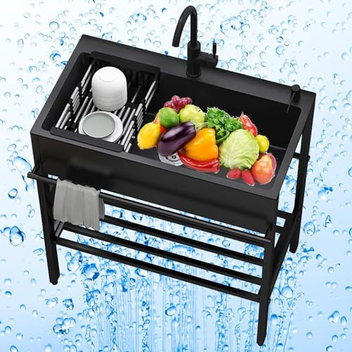SXDMOUBK Lavatoio Multiuso con Tubo dell'Acqua, in Acciaio Inox, 1 Scomparto, Stazione lavamani autoportante per ristoranti, Interni, Esterni e Garage.
