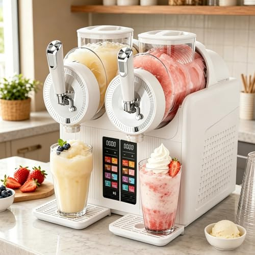 Máquina de Granizados, Máquina de Helado Soft 2 en 1 y Granizadora, Máquina de Bebidas Frías con Doble Depósito y 6 Programas, para Batidos, Granizados, Helado, Casa, Cafetería y Bar White