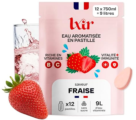 LXIR DRINK - Eau aromatisée en pastille sans sucre - Boisson multivitamines - Riche en vitamines C et B - Hydratation quotidienne - Beauté de la peau - Fraise