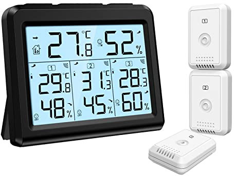 ORIA Digital Thermometer Hygrometer with 3 Sensors, Indoor/Outdoor Humidity Meter Temperature Monitor, Wireless Weather Station with Backlight, Comfort Icon, Arrow Trends for Temp and Humidity -Black