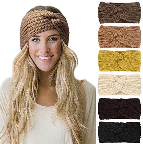 DRESHOW 6 Pièces Bandeau Cheveux pour Femme Bandeaux Hiver Serre-Tête Tricoté Oreille Réchauffeur Chaud Noué Bande Elastique Cheveux
