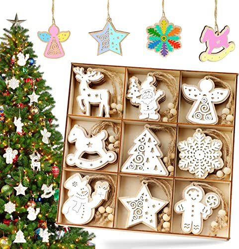 27PCS Decoration Noel Bois Ornements, Boule en Bois Pendentifs Artisanat Double Couche Couleur-Blanc, Cerf Flocons Suspension Sapin de Noël Déco pour DIY Fête