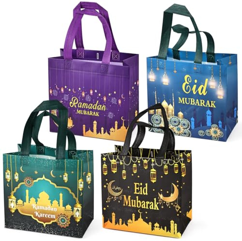 4 st Eid Mubarak återanvändbara presentpåsar, godispåsar med handtag, Ramadan Mubarak-festpåsar, multifunktionella icke-vävda Eid-väskor för presentförpackning, Ramadan Kareem festtillbehör, 23 × 22 × 11 cm