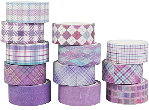 YUBX Rutnät washi tejp set 12 rullar skotskrutigt tyg maskeringstejp dekorativ tejp färgglad för bullet journals, planerare, scrapbooking, presentförpackning, gör-det-själv-hantverk (lila)