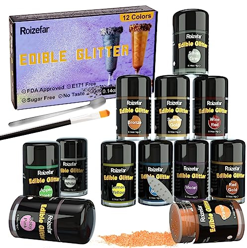 Roizefar Essbares Glitzer Set, 12 Farben Geschmacklos Essbare Glitzerpulver | 4g/Dose, Glitzer Essbares für Torte/Glitzers Essbar Getränke für Ostern, Weihnachten, Oktoberfest Party, Champagner, Cocktail