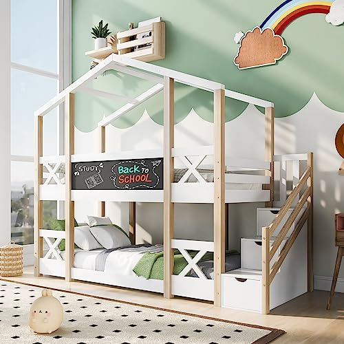 Kayan Kinderbett Baumhaus mit Speicherung und Rausfallschutz 90 x 200 cm, Hochbett mit Treppe für Kinder, Etagenbett Hausbett Jugendbett– 2X Lattenrost- Natur & Weiß