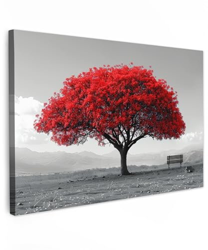MuchoWow© Leinwand Bilder Wanddeko Wohnzimmer Aesthetic Room Decor Deko | 90x60 cm - Zimmer Wandbilder Modern Bild auf Baum - Rot - Natur - Schwarz und Weiß