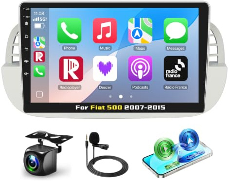 Podofo Carplay Autoradio per Fiat 500 2007-2015, Autoradio Touchscreen da 9 2G+64G con Wireless Carplay Android Auto, HiFi/Bluetooth/GPS/WiFi/FM/RDS/USB+Telecamera Posteriore