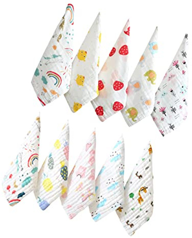 Vaguelly Sabberhandtuch aus Reiner Baumwolle 10 Stück 30x30cm mit Waffelartiger Struktur und Niedlichen Cartoon Mustern Hautfreundlich mit Drape Effekt Geeignet für Babys Zufälliger Stil