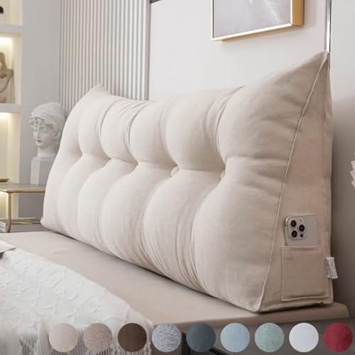 Rückenkissen Bett 100cm Beige, Leinen Rückenlehne Kissen, Keilkissen Bett kopfteil, Waschbar Abnehmbar Lesekissen für Bett und Sofa, Rückenstützkissen Lendenkissen mit Seitentasche