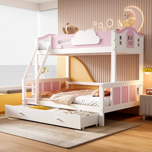 Dolamaní Letto a castello 2 bambini 90 x 200 cm e 120 x 200 cm bianco+rosa con scala obliqua a quattro livelli e cassetti, protezione dalle cadute con finestra e decorazione nuvole (letto a castello