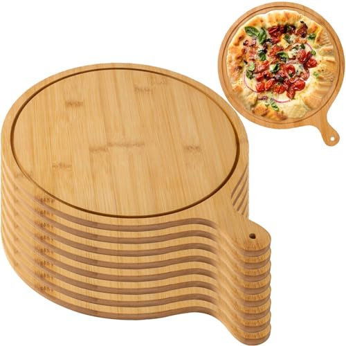 Juego de 8 tablas de madera para servir pizza, bandeja ligera con asas, para hacer pizza y almacenar hasta 13 pulgadas, marrón claro, tamaño de 12 pulgadas