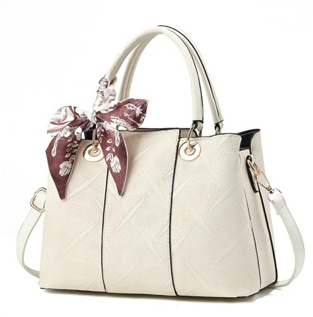 NICOLE & DORIS Mittelgroße Handtasche Elegant Damen Schultertasche Henkeltasche mit Vielen Fächern Umhängetasche PU Leder Tote Tasche with Seidentuch Cremeweiß