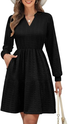 PASUDA Women's Long Sleeve Knit Dress V-Neck Elastic Waist Midi Dresses A Line Flowy Chiffon Babydoll Tunic Jumper Dresses Knee Length Spring Autumn Dresses Casual Party Holiday (Black, XL)