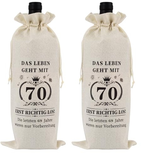 AWCIGG 2 Stück 70 Geburtstag Weinflasche Tasche Jute, Geschenke zum 70 Geburtstag Mann Frau, Wein Geschenkbeutel Flaschen mit Kordelzug Wein Geschenktasche Weinflaschen Geschenktüten für Sektflaschen