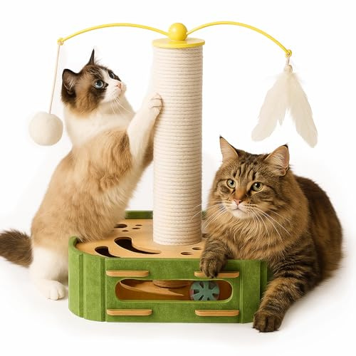 KDULPG Cat Scratching Post with Interactive Cat Toys, Felt Play Box and Sisal Tower – Multi-Functional Cat Tree for Scratching, Hunting, Play and Furniture Protection