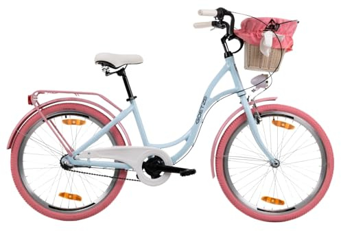 Goetze Style 24 Zoll Kinderfahrrad, 14 Zoll ALU Rahmen, 3-Gang Nabenschaltung, Rücktritt- und V-Bremse, LED-Beleuchtung, Rattan Korb, Gepäckträger, Schutzbleche, Komfortsattel, Seitenständer!