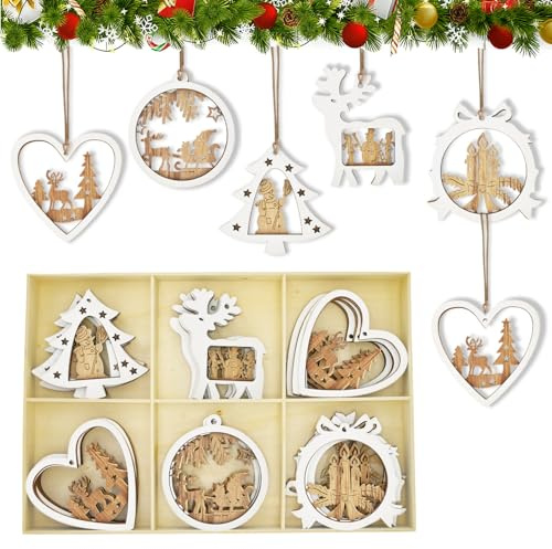 18pcs Weihnachtsbaumschmuck,Weihnachten Christbaum Holz Deko,Weihnachtsbaum Anhänger,Adventkalender Dekoration,Christbaumschmuck,Weihnachtskugeln,Weihnachtsdeko,Aufhängen Bäume