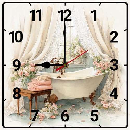 FemiaD Vintage Bathtub Wall Clock 10inch Silent Non-Ticking Battery Operated Square Clock Rustic Wooden Clocks Farmhouse Wall Decor Quiet Desk Clocks for Home Living Room Bedroom Bathroom Decor