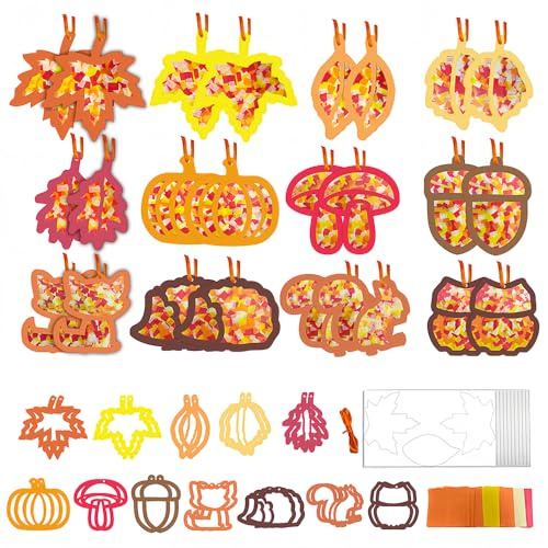 PASLFC Bastelset Herbst 24 Stücke, DIY Herbstdeko Fensterbilders, Herbst Fensterbilder Mit Lanyard,Fensterbilder Herbsts,Papierbastelsets, Weihnachten,Geburtstag,Handgemachte Geschenke