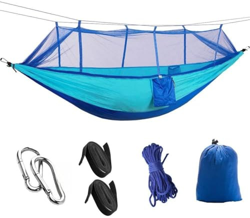 Picysa Hamaca con Mosquitera, Hamaca para Exteriores, Ligera de Nailon para Mochilero, Camping, Mochilero, Viajes, Playa, Jardín (Azul Cielo y Azul 260 * 140)