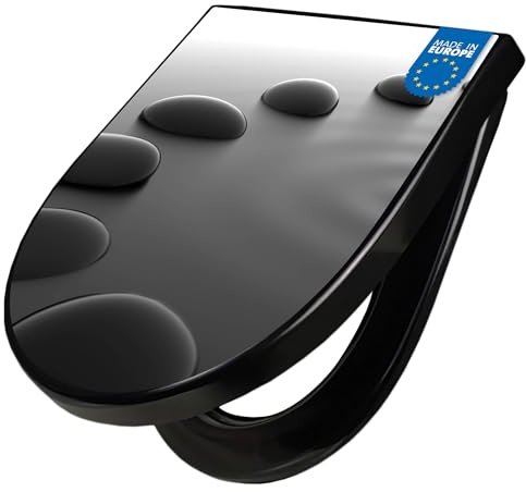 banjado WC Sitz mit Absenkautomatik D Form - Toilettendeckel mit Absenkautomatik D Form - Klodeckel Softclose - stabile Klobrille - Toilettensitz Schwarz - Motiv Schwarze Steine