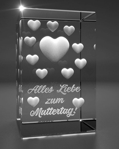 VIP-LASER 3D Glas Kristall I viele Herzen I Alles Liebe zum Muttertag! graviert das ideale Partnergeschenk für die Beste Mama der Welt!