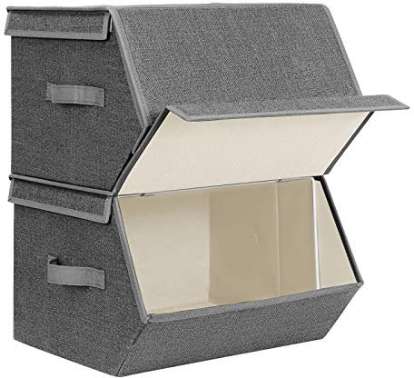 SONGMICS Set of 2 Storage Boxes with Lid, Stackable Folding Fabric Boxes, Metal Frame and Side Handles, for Accessories, Toys, Clothing, Dark Grey RYLB02G