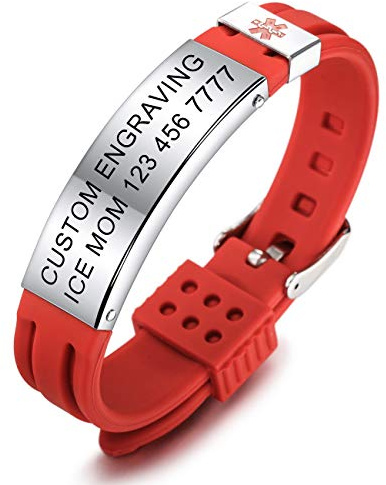 MOWOM Medical Braccialetto Personalizzato con Incisione in Silicone identificativo Regolabile per Uomo Donna Bambini in Acciaio Inossidabile Gomma- (Pacchetto con Carta di Emergenza, Supporto)