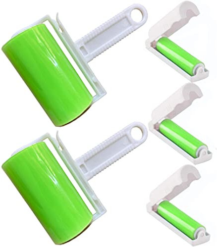 Lint Roller 5 Pack, Reusable Washable Pet Hair Remover Cleaner with Cover for Clothes, Pet Hairs, Carseats, Include Large/Small Size (Green)