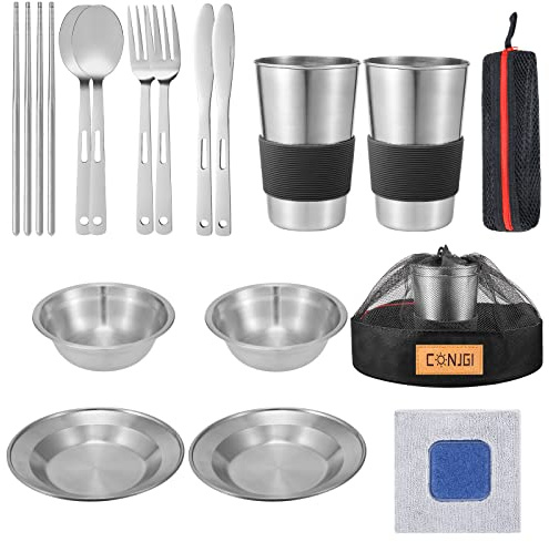 Outdoor Camping Mess Kit - 1 to 2 Persons Camping Dishes Includes Cups, Bowls, Dishes, Knives, Forks, Spoons, Etc, Camping Dinnerware Set with Mesh Bag is Easy to Carry Camping Tableware Set