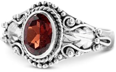 Windalf Silber-Ring ASAHA 12 mm Echte Granatsteine Elfenblätter Ornamentik Handarbeit 925 Sterlingsilber