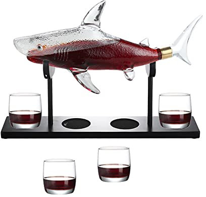 Luoxun-LX Juego de decantador de whisky con 4 vasos y soporte de madera, decantador de tiburón de 1000 ml, decantador de licor para whisky, escocés, vodka bourbon, regalo para los amantes del vino