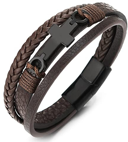 COOLSTEELANDBEYOND Edelstahl Horizontalen Seite Seitlich Flacher Kreuz DREI Stränge Geflochtene Lederarmband Armreif für Herren