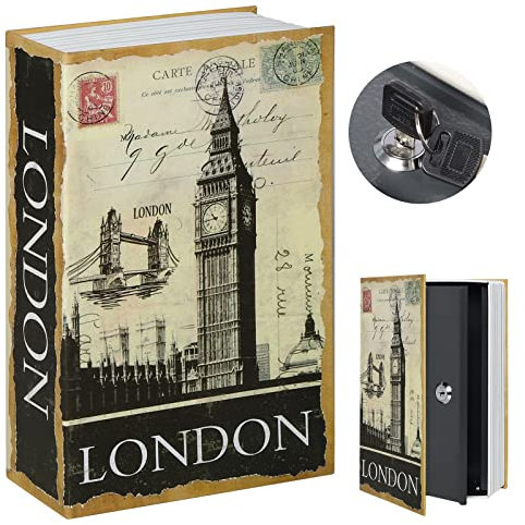 Kasten Buchsafe mit Schlüsselschloss, versteckte Umlenkungsbox für Bargeld-Schmuck, künstlicher Buchtresor, 24,1 x 15,7 x 5,6 cm, London