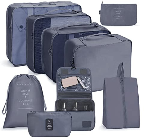 OSDUE Koffer Organizer Set 9-teilig, Packing Cubes, Wasserdichte Reise Kleidertaschen, Packtaschen für koffer, Verpackungswürfel mit Schuhbeutel, USB Kabel Tasche, Digitale Tasche (Grau)
