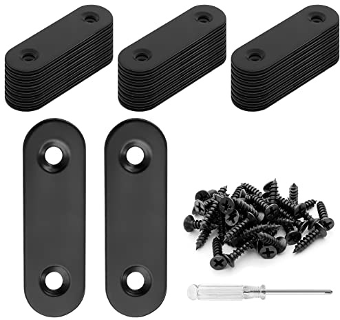 Biaungdo 20 Sets 2 Stainless Steel Flat Plate Straight Bracket, Black Metal Corner Brace Brackets Mending Repair Plate Brace with Screws & Screwdriver for Wood(50mm x 16mm x 2mm)