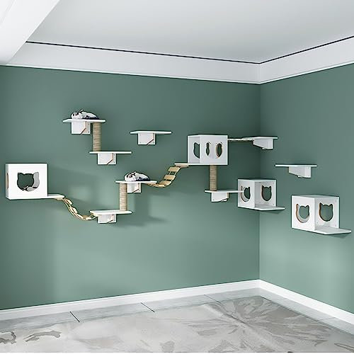 Wandmontierter Katzenmöbel Wand aus Massivholz, Katze Kletterlandschaft, Katzentreppe Wand, Katzennest-Sprungplattform, Raumkapsel-Kletterleiter, Holzwand-Katzenmöbel Weiß (Size : Package2)